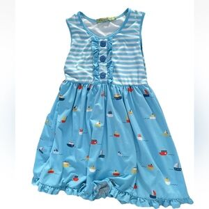 Blue boat ship print 6x dress girls no iron  ruffle school vacation beach